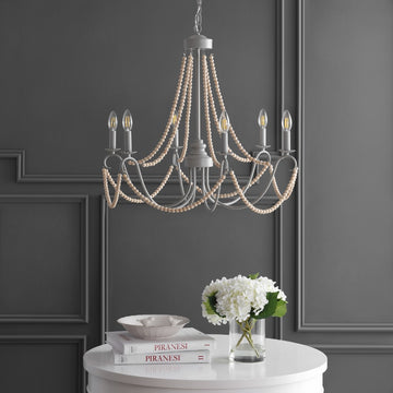 Rustica 27" Adjustable Greige Metal/Wood Bead LED Chandelier - JONATHAN Y